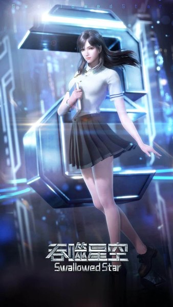 Anime picture 736x1308 with tunshi xingkong xin xu single long hair tall image looking at viewer fringe black hair smile holding full body bent knee (knees) outdoors pleated skirt black eyes realistic official art from below short sleeves copyright name