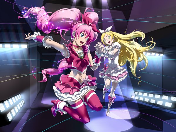 Anime picture 1280x960 with precure toei animation cure melody cure rhythm barrier long hair open mouth blue eyes blonde hair multiple girls yellow eyes pink hair full body holding hands jumping girl thighhighs skirt 2 girls earrings
