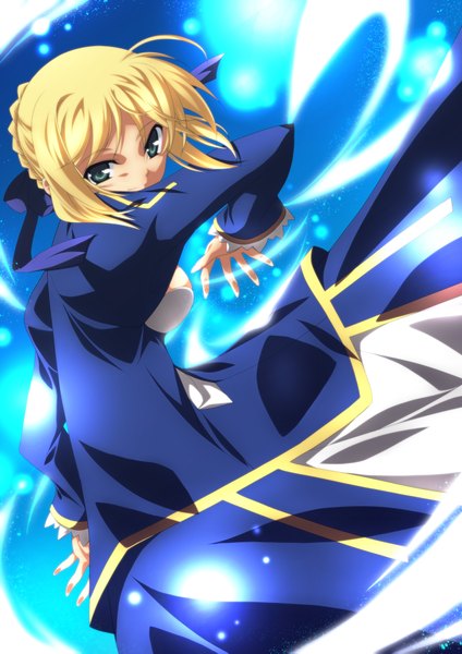 Anime picture 1280x1811 with fate (series) fate/stay night studio deen type-moon artoria pendragon (all) saber ka2 (artist) single tall image short hair blonde hair green eyes glowing girl dress