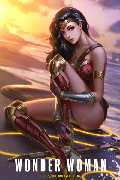 Anime picture 5000x7500 with dc comics wonder woman liang xing single long hair tall image looking at viewer highres blue eyes light erotic black hair sitting signed absurdres sky cloud (clouds) full body bent knee (knees) outdoors realistic
