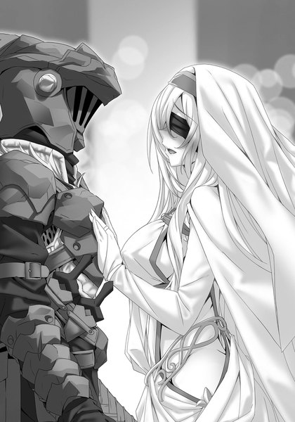Anime picture 1434x2048 with goblin slayer! white fox goblin slayer sword maiden kannatsuki noboru long hair tall image blush fringe breasts open mouth light erotic hair between eyes large breasts standing payot long sleeves official art fur trim couple