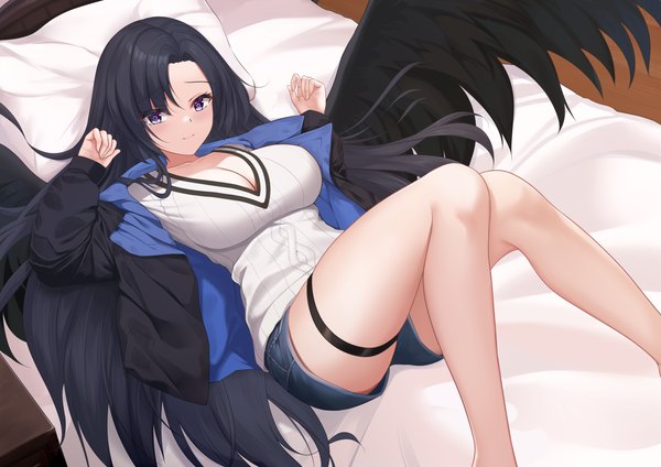 Anime picture 4093x2894 with original shenqi (toid310) single long hair looking at viewer blush fringe highres breasts light erotic black hair large breasts purple eyes absurdres cleavage bent knee (knees) indoors lying long sleeves from above