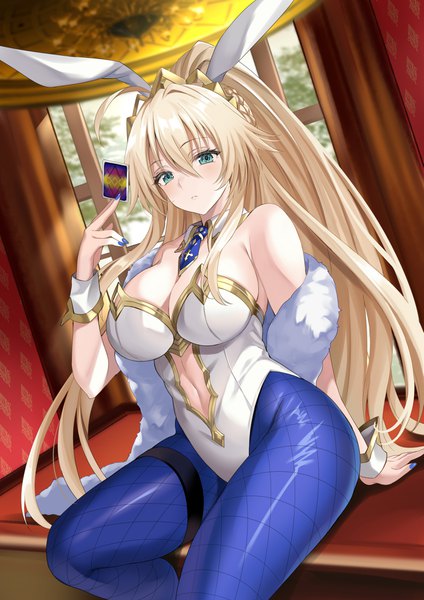 Anime picture 2893x4092 with fate (series) fate/grand order artoria pendragon (all) artoria pendragon (swimsuit ruler) (fate) harimoji single long hair tall image looking at viewer blush fringe highres breasts light erotic blonde hair hair between eyes large breasts sitting bare shoulders animal ears