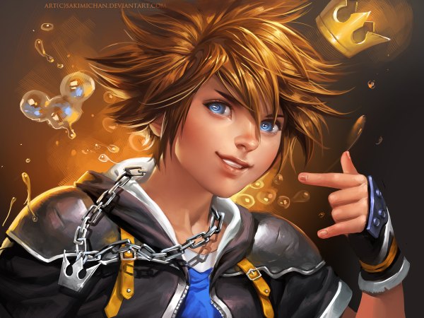 Anime picture 1200x900 with kingdom hearts square enix sora (kingdom hearts) sakimichan single looking at viewer short hair blue eyes smile brown hair signed realistic brown background boy fingerless gloves chain bubble (bubbles) crown