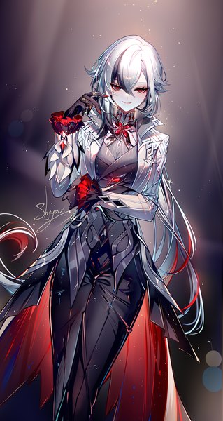 Anime picture 1064x2000 with genshin impact arlecchino (genshin impact) sheya single tall image looking at viewer fringe smile hair between eyes red eyes standing signed silver hair very long hair multicolored hair sparkle streaked hair symbol-shaped pupils low ponytail girl