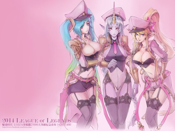 Anime-Bild 1920x1440 mit league of legends sona buvelle janna windforce soraka (league of legends) loiza long hair looking at viewer blush highres breasts blue eyes light erotic simple background blonde hair large breasts twintails multiple girls yellow eyes silver hair ponytail