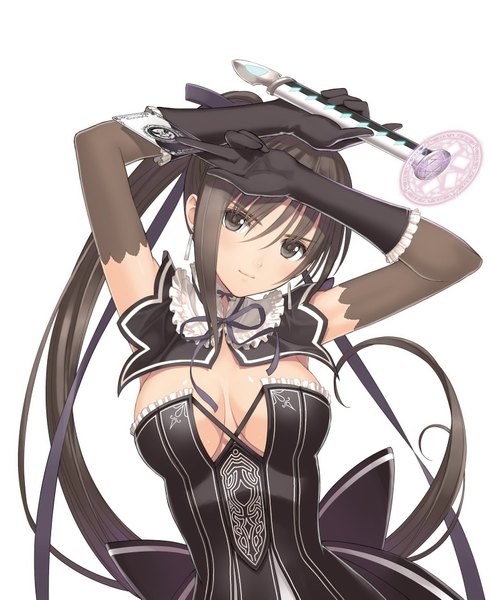 Anime picture 1461x1783 with shining (series) shining blade maxima enfield tony taka single long hair tall image looking at viewer breasts light erotic black hair white background ponytail very long hair black eyes official art magic girl dress gloves