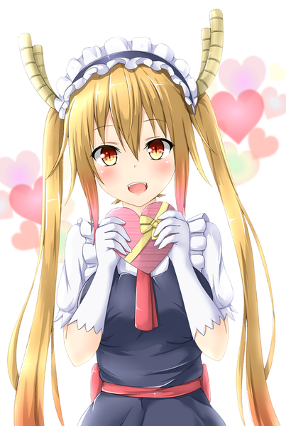 Anime picture 605x900 with kobayashi-san chi no maidragon kyoto animation tooru (maidragon) tear yu single long hair tall image blush fringe open mouth simple background blonde hair smile hair between eyes white background twintails holding brown eyes :d horn (horns)