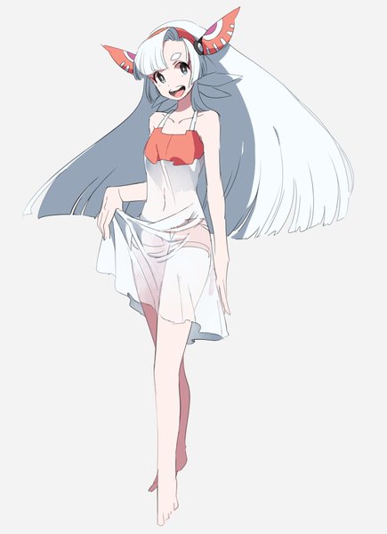 Anime picture 678x935 with pokemon moemon nintendo masquerain kz 609 single long hair tall image fringe open mouth simple background bare shoulders looking away white hair barefoot grey background teeth grey eyes eyebrows gen 3 pokemon