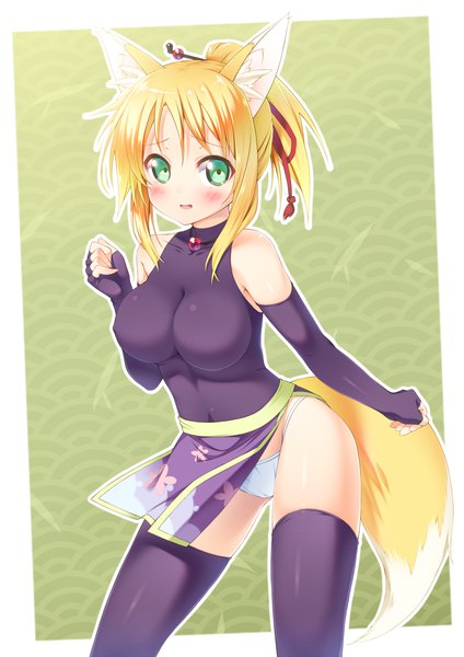 Anime picture 867x1227 with dog days yukikaze panettone ichi makoto single tall image looking at viewer blush fringe short hair breasts light erotic simple background blonde hair hair between eyes large breasts bare shoulders green eyes animal ears payot ponytail