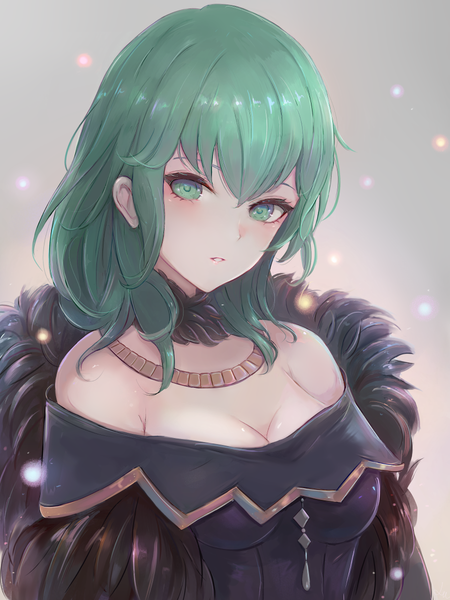 Anime picture 900x1199 with fire emblem fire emblem: three houses nintendo byleth (fire emblem) byleth (female) (fire emblem) enlightened byleth (female) leonmandala single long hair tall image looking at viewer blush fringe breasts simple background hair between eyes bare shoulders green eyes cleavage upper body