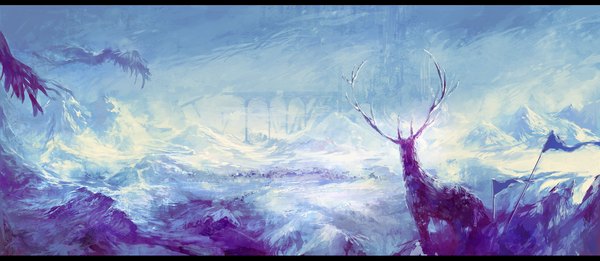 Anime picture 2000x870 with original fabri highres wide image looking away letterboxed winter snow mountain no people scenic destruction animal flag castle ice deer