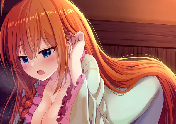Anime picture 1400x990 with princess connect! re:dive princess connect! pecorine (princess connect!) syurimp single blush fringe breasts open mouth blue eyes light erotic hair between eyes large breasts payot looking away cleavage indoors braid (braids) very long hair orange hair