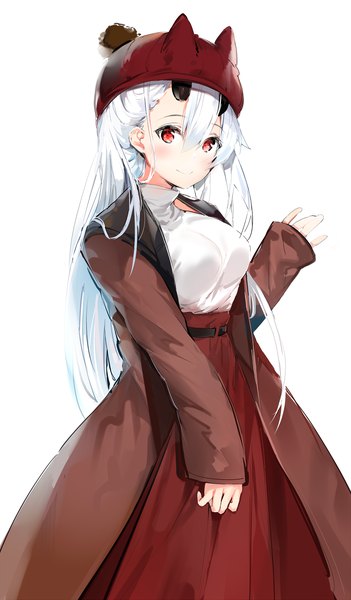 Anime-Bild 1500x2564 mit fate (series) fate/grand order tomoe gozen (fate) silver (chenwen) single long hair tall image looking at viewer blush fringe breasts simple background smile hair between eyes red eyes standing white background silver hair horn (horns) alternate costume