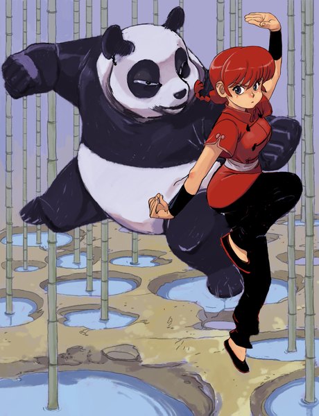 Аниме картинка 1400x1823 с ранма 1/2 saotome ranma saotome ranma (girl) saotome genma joel27 высокое изображение чёлка короткие волосы красные волосы коса (косы) смена пола девушка растение (растения) животное вода напульсник бамбук панда