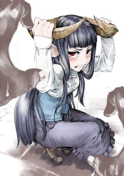 Anime picture 800x1129 with original jaco long hair tall image looking at viewer blush fringe simple background red eyes white background animal ears blue hair horn (horns) arms up high heels tears squat crying angry clenched teeth