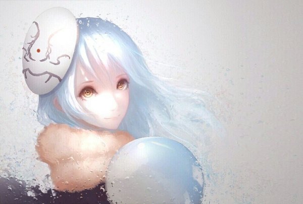 Anime picture 998x674 with original nooko single long hair looking at viewer fringe smile yellow eyes blue hair looking back wind mask on head girl fur mask