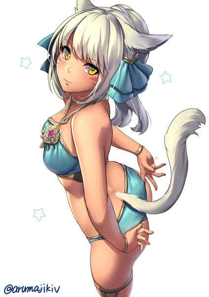 Anime picture 566x800 with final fantasy final fantasy xiv square enix miqo'te aruma jiki single long hair tall image looking at viewer blush fringe short hair light erotic simple background smile standing white background bare shoulders signed animal ears