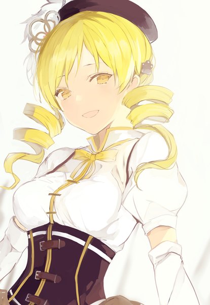 Anime picture 636x922 with mahou shoujo madoka magica shaft (studio) tomoe mami lpip single long hair tall image looking at viewer open mouth simple background blonde hair white background twintails yellow eyes from below low twintails drill hair underbust girl detached sleeves