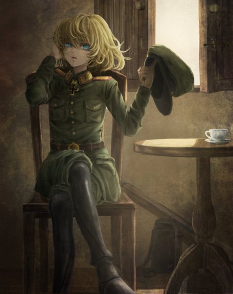 Anime picture 1215x1532 with youjo senki tanya degurechaff sugi87 single tall image looking at viewer short hair open mouth blue eyes blonde hair crossed legs adjusting hair messy hair girl uniform boots thigh boots chair military uniform table