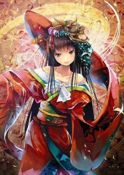 Anime picture 952x1335 with touhou houraisan kaguya yae (mono110) single long hair tall image looking at viewer blush fringe blue eyes brown hair bare shoulders traditional clothes japanese clothes alternate costume alternate hairstyle mask on head girl hair ornament petals