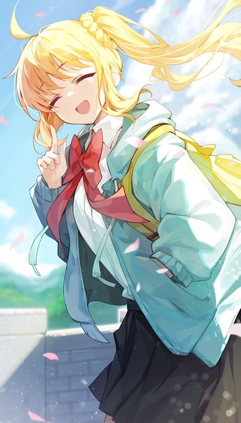 Anime picture 1000x1750 with bocchi the rock! cloverworks ijichi nijika goomrrat single long hair tall image blonde hair sky ahoge eyes closed open jacket leaning leaning forward side ponytail ^ ^ hand in pocket ^o^ girl jacket