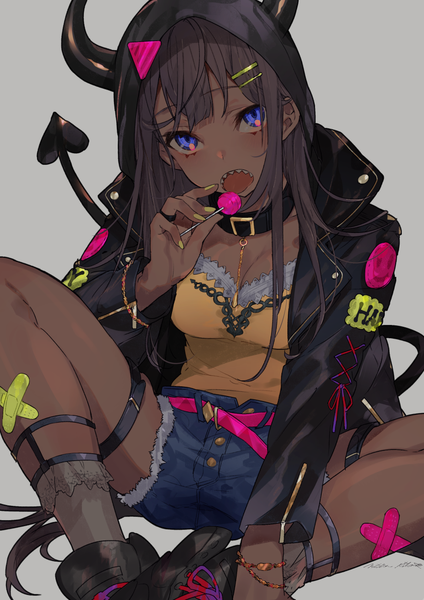 Anime picture 919x1300 with original mika pikazo single long hair tall image looking at viewer blush fringe breasts open mouth blue eyes simple background brown hair sitting cleavage tail blunt bangs nail polish horn (horns) grey background
