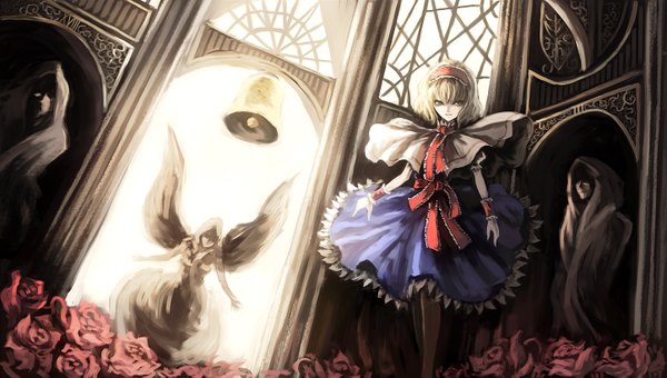 Anime picture 1445x819 with touhou alice margatroid paseri blonde hair wide image angel girl dress flower (flowers) ribbon (ribbons) hairband bell cloak statue