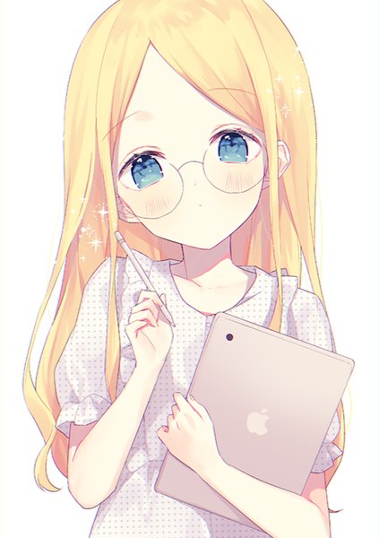 Anime picture 565x800 with original apple inc. silltare single long hair tall image looking at viewer blush fringe blue eyes simple background blonde hair white background holding upper body head tilt polka dot girl glasses stylus