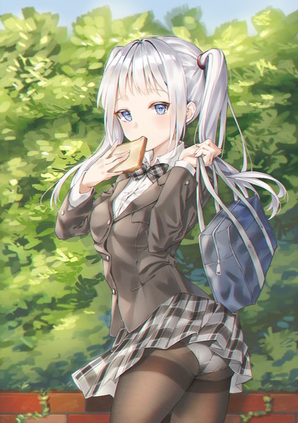 Anime picture 1000x1417 with original cha chya single long hair tall image looking at viewer blush fringe blue eyes light erotic standing twintails holding silver hair outdoors blunt bangs pleated skirt plaid skirt eating girl