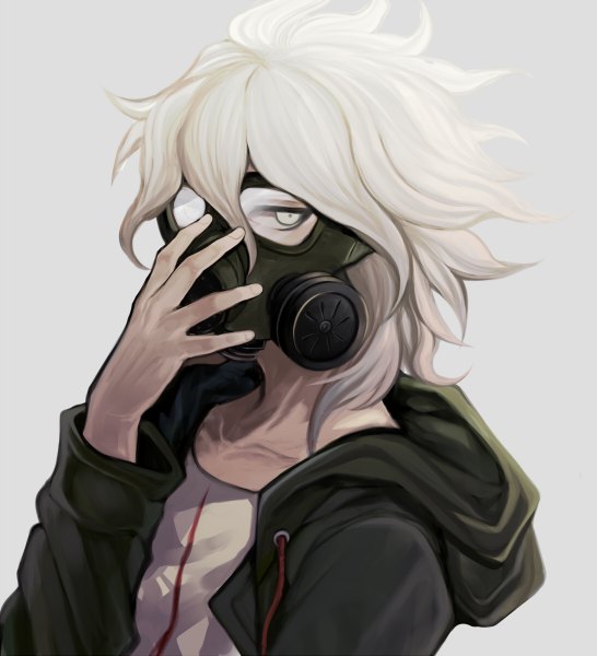 Anime picture 1092x1200 with dangan ronpa super dangan ronpa 2 komaeda nagito harano single tall image short hair simple background looking away white hair grey background white eyes boy gas mask