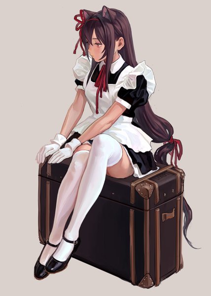 Anime picture 1000x1402 with original kafei (fkey) fkey single tall image blush fringe simple background hair between eyes red eyes brown hair sitting signed animal ears looking away full body bent knee (knees) very long hair cat ears grey background