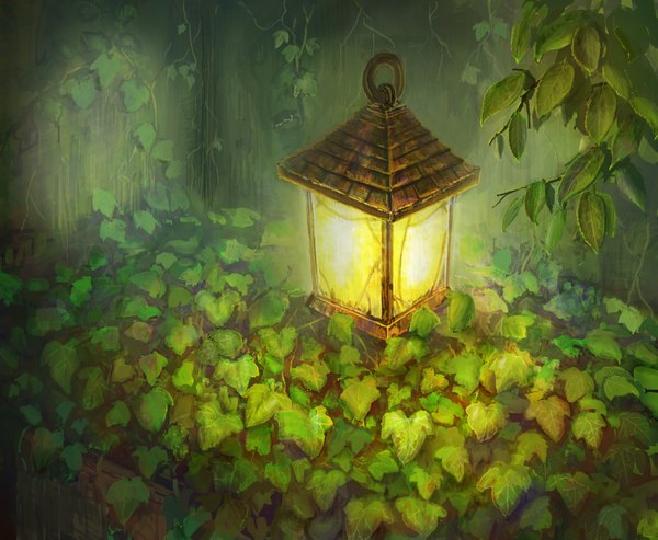 Anime picture 1863x1533 with original mike (artist) highres wallpaper no people still life plant (plants) leaf (leaves) branch lantern lamp