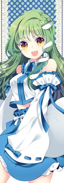 Anime picture 354x1000 with touhou kochiya sanae roh nam kyung single long hair tall image blush open mouth smile yellow eyes green hair girl skirt hair ornament detached sleeves hairclip hair tubes