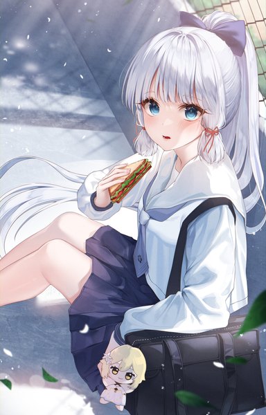 Anime picture 3884x6073 with genshin impact lumine (genshin impact) kamisato ayaka kamisato ayaka (heytea) daji single tall image looking at viewer blush fringe highres open mouth blue eyes holding absurdres outdoors white hair ponytail blunt bangs very long hair
