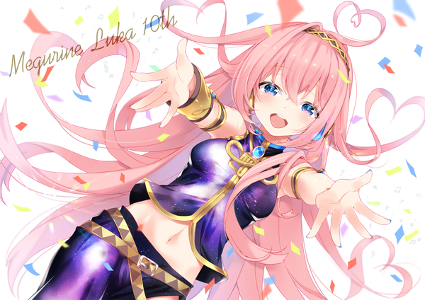 Anime picture 1200x849 with vocaloid megurine luka arami o 8 single long hair looking at viewer blush fringe open mouth blue eyes hair between eyes ahoge teeth midriff dutch angle character names spread arms anniversary girl skirt