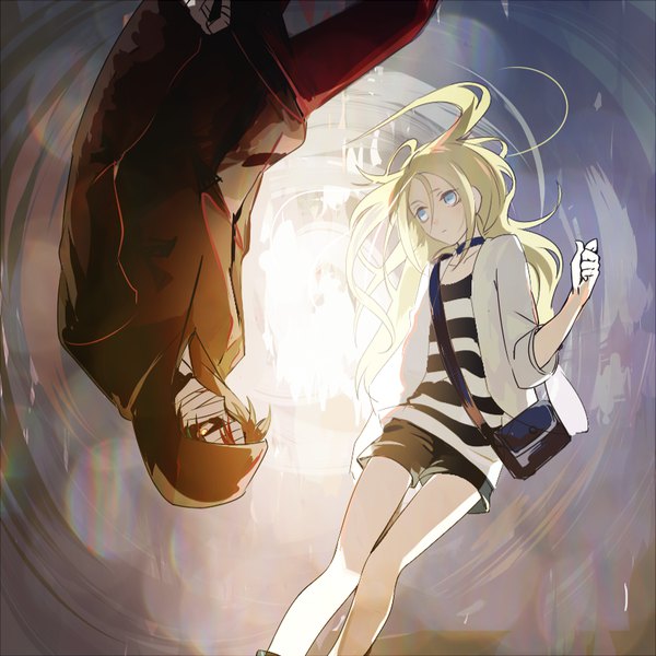 Anime picture 854x854 with satsuriku no tenshi ray (satsuriku no tenshi) zack (satsuriku no tenshi) sani (pixiv 10176316) long hair short hair blue eyes black hair blonde hair hair between eyes yellow eyes grey background striped rotational symmetry girl boy choker shorts hood short shorts