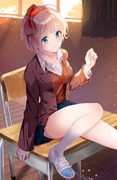 Anime picture 1826x2800 with doki doki literature club sayori (doki doki literature club) sseyeng (mgda7284) single tall image looking at viewer blush fringe highres short hair breasts blue eyes light erotic smile brown hair sitting cleavage indoors long sleeves sunlight