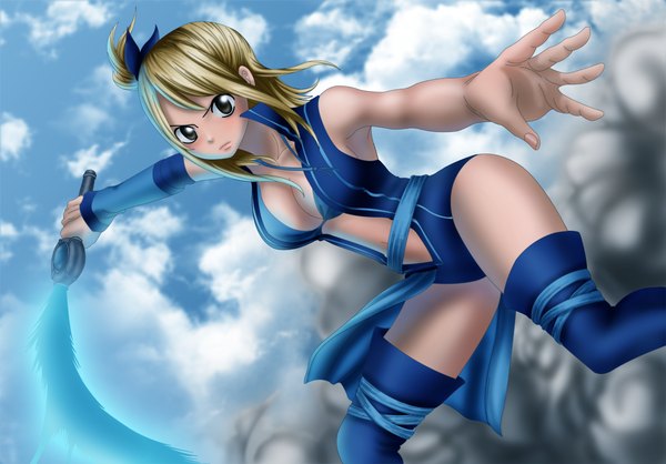 Anime picture 1000x698 with fairy tail lucy heartfilia ioshik single long hair breasts light erotic blonde hair twintails bare shoulders sky cleavage cloud (clouds) armpit (armpits) grey eyes coloring smoke girl thighhighs navel