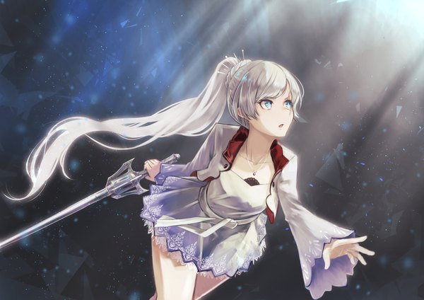 Anime picture 1414x1000 with rwby rooster teeth weiss schnee brat single fringe open mouth blue eyes payot silver hair ponytail very long hair sunlight wide sleeves looking up surprised girl dress weapon earrings