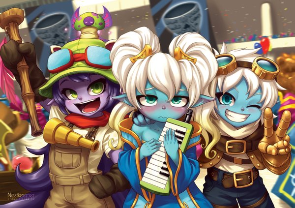 Anime picture 1600x1129 with league of legends lulu (league of legends) tristana (league of legends) poppy (league of legends) nestkeeper long hair looking at viewer blush short hair open mouth blue eyes smile twintails multiple girls green eyes purple hair white hair very long hair one eye closed pointy ears