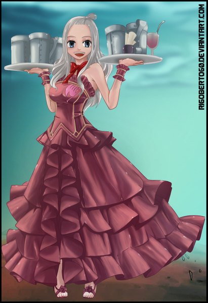 Anime picture 1097x1600 with fairy tail mirajane strauss rigoberto60 single long hair tall image open mouth blue eyes simple background smile white hair coloring girl dress drink tray wine glass mug