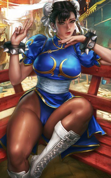 Anime picture 2292x3661 with street fighter capcom chun-li logan cure single tall image looking at viewer fringe highres short hair breasts light erotic black hair large breasts sitting brown eyes outdoors traditional clothes lips realistic