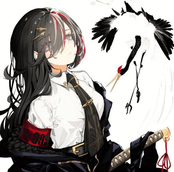 Anime picture 1218x1204 with original narue single long hair looking at viewer fringe black hair simple background white background parted lips multicolored hair grey hair hair over one eye off shoulder streaked hair slit pupils sheathed girl weapon animal