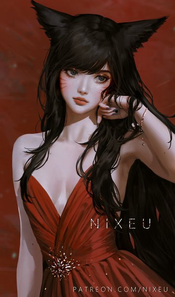 Anime picture 825x1400 with league of legends ahri (league of legends) nixeu single long hair tall image blush fringe breasts light erotic black hair simple background signed animal ears looking away cleavage nail polish head tilt arm up fingernails