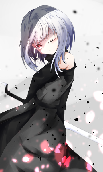 Anime picture 900x1500 with original kisuzu 14 single tall image looking at viewer short hair simple background red eyes standing silver hair head tilt one eye closed wink symbol-shaped pupils + + girl dress weapon sword black dress
