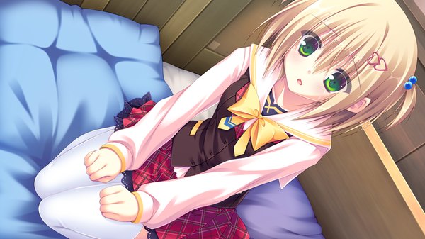 Anime picture 1024x576 with sugirly wish shirosaki hina short hair blonde hair wide image green eyes game cg loli girl thighhighs hair ornament white thighhighs serafuku heart hair ornament