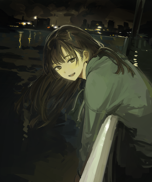 Anime picture 2413x2889 with original funabashi (iwzry) single long hair tall image looking at viewer fringe highres open mouth brown hair standing brown eyes upper body outdoors blunt bangs long sleeves :d wind night dutch angle