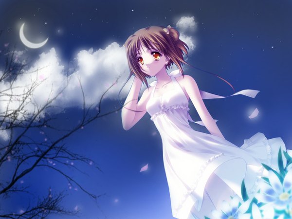 Anime picture 1024x768 with mimi (visual novel) mimi (mimi) carnelian amamiya poran short hair brown hair bare shoulders sky cloud (clouds) night orange eyes wallpaper night sky cherry blossoms adjusting hair looking up frilled dress crescent dress flower (flowers)