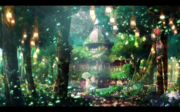 Anime picture 1920x1200 with original ixaga highres short hair open mouth black hair wide image green hair couple holding hands landscape scenic overgrown girl dress boy plant (plants) hat shirt petals